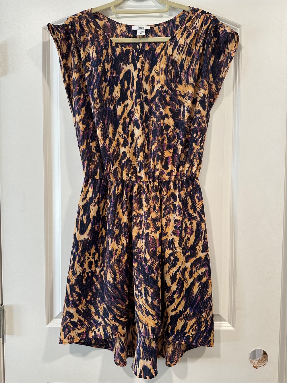 Bar III High Low Dress M Black Gold Blue Magenta Abstract Print Elastic Waist
